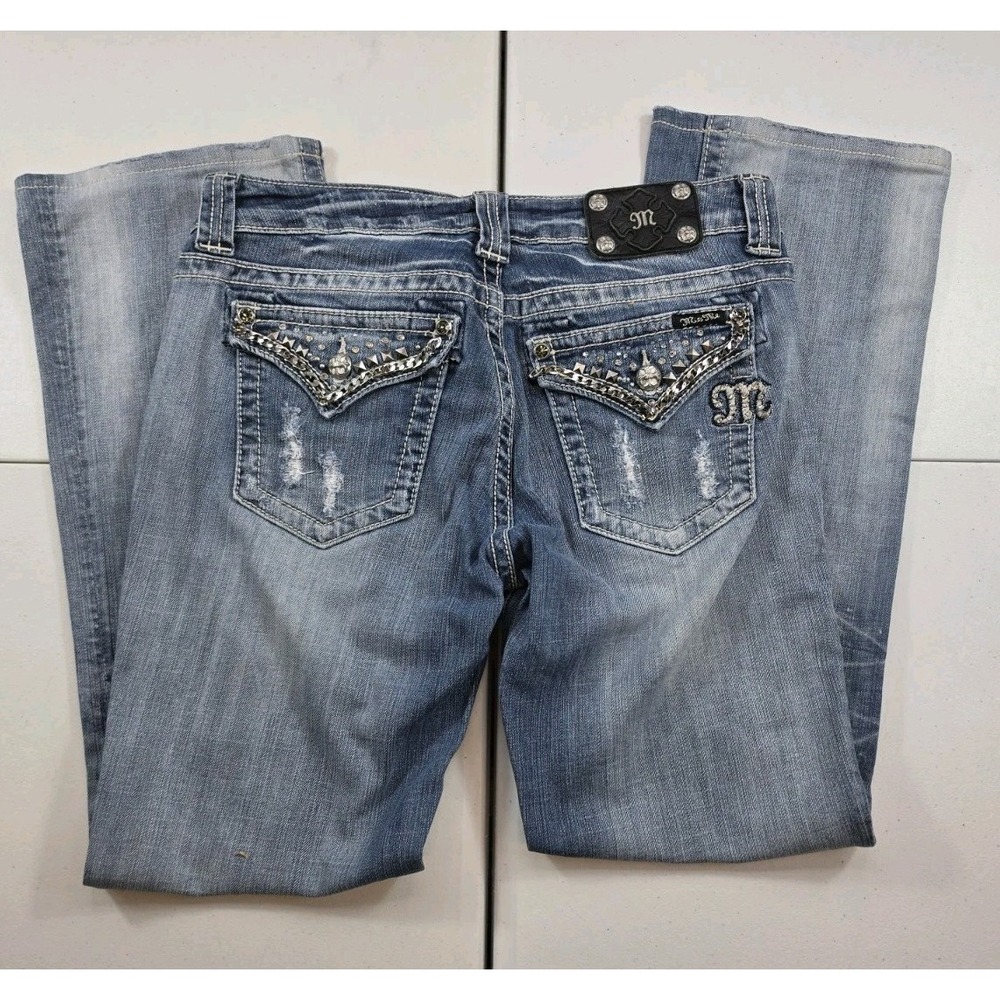 Miss Me Easy Boot Jeans Womens 30 Mid Rise Embellished Flap Pocket Blue Denim